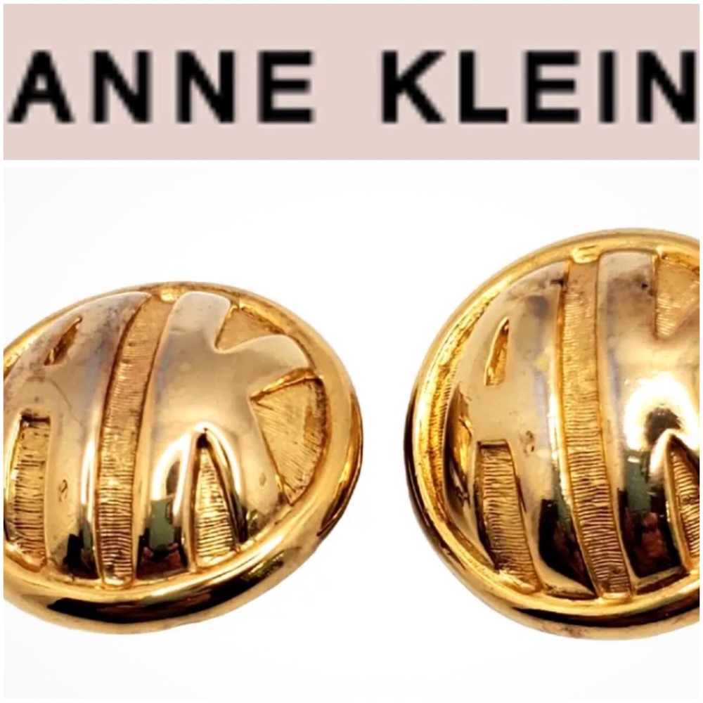 Vintage Anne Klein Clip On Earrings Gold Tone Logo AK Domed 1.25" Heavy